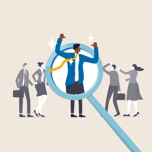 An illustration of a man in a business suit behind a magnifying glass