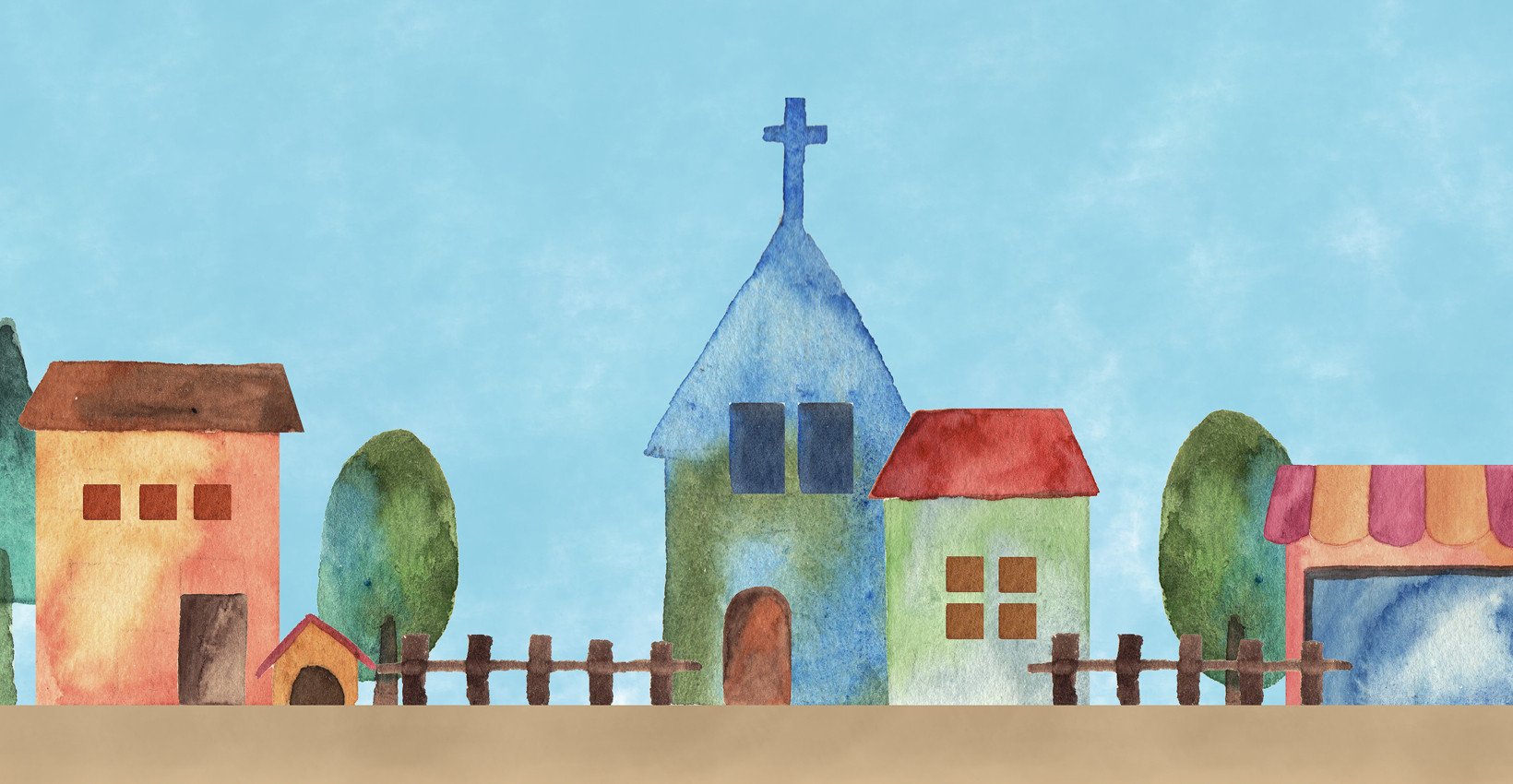 A water color of a church in a small town