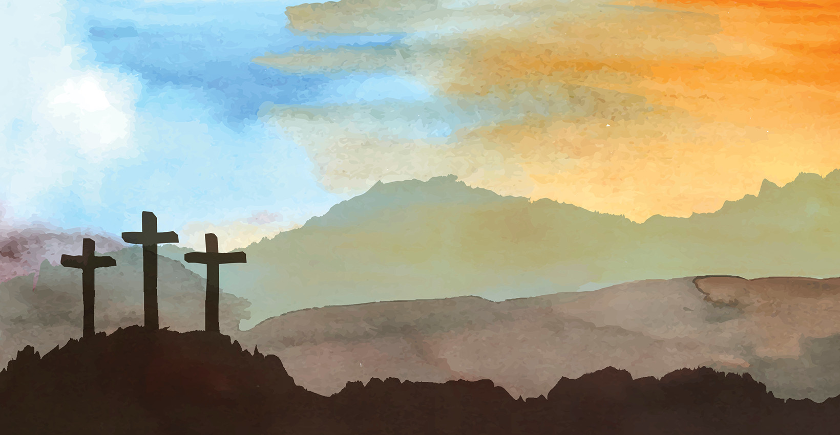 A water color of 3 crosses on a hill against a sunset