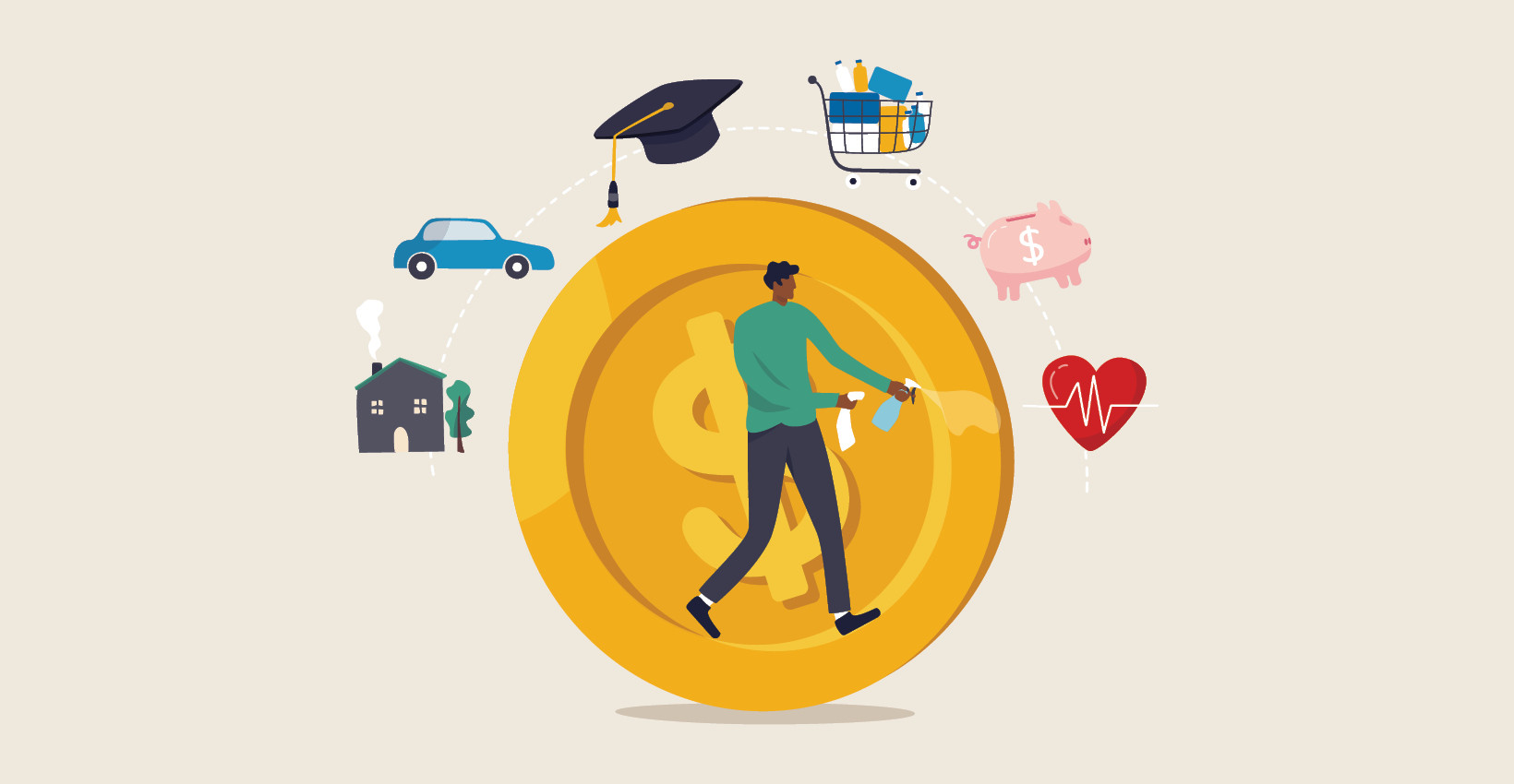 cartoon man with finance icons around him