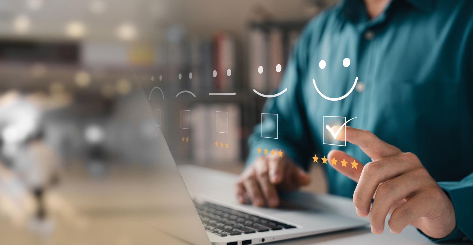 a person sits at a computer with a graphic of a check box next to them