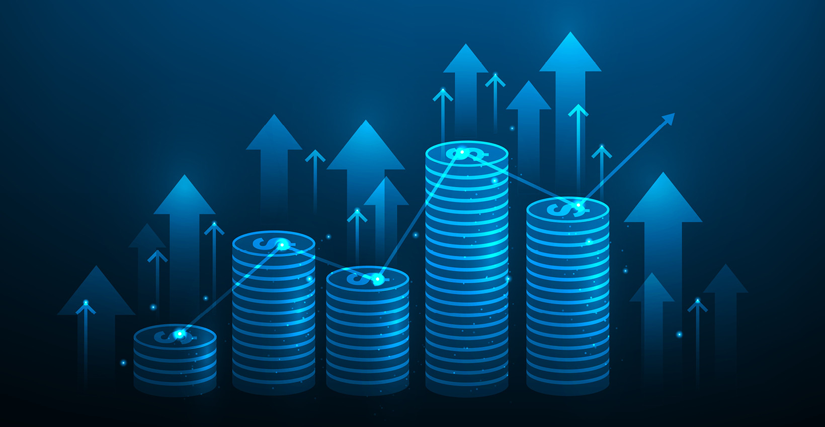 illustrated graphic of coins and up arrows colored blue