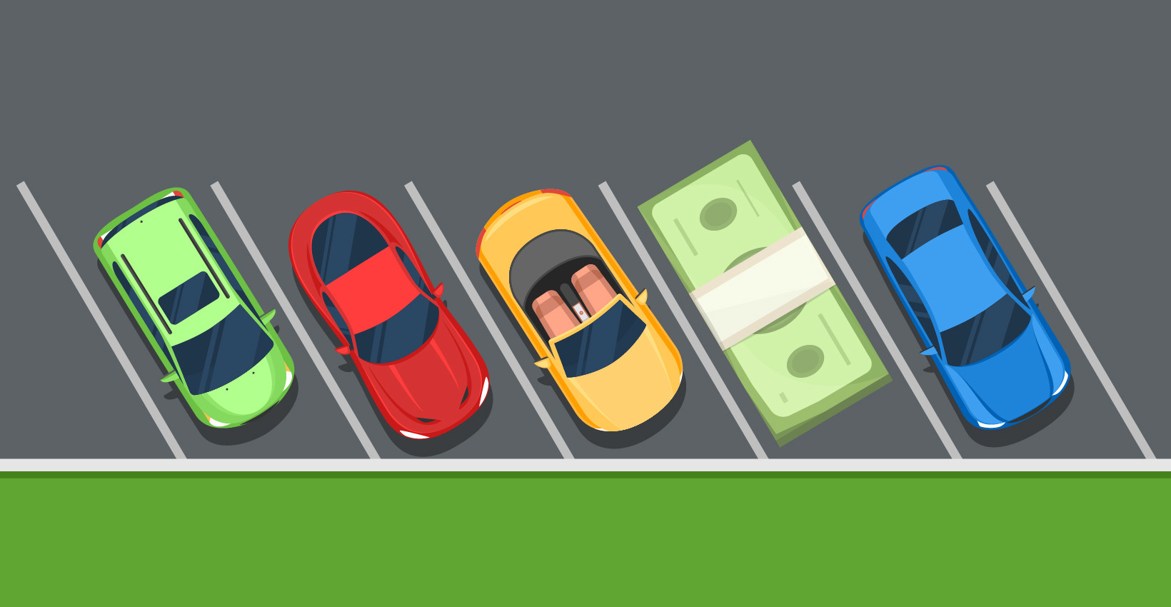 a cartoon graphic of cars parked and one looks like money