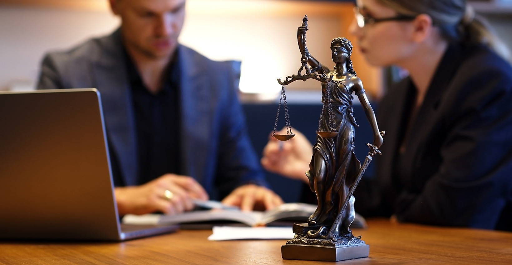 two people sit at a desk with a laptop and a statue