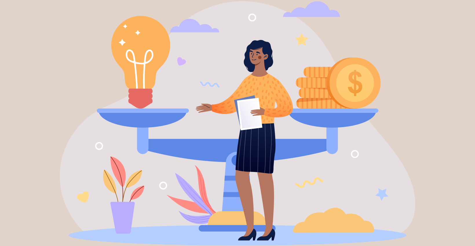 a cartoon graphic of a woman standing next to scales with a lightbulb and coins