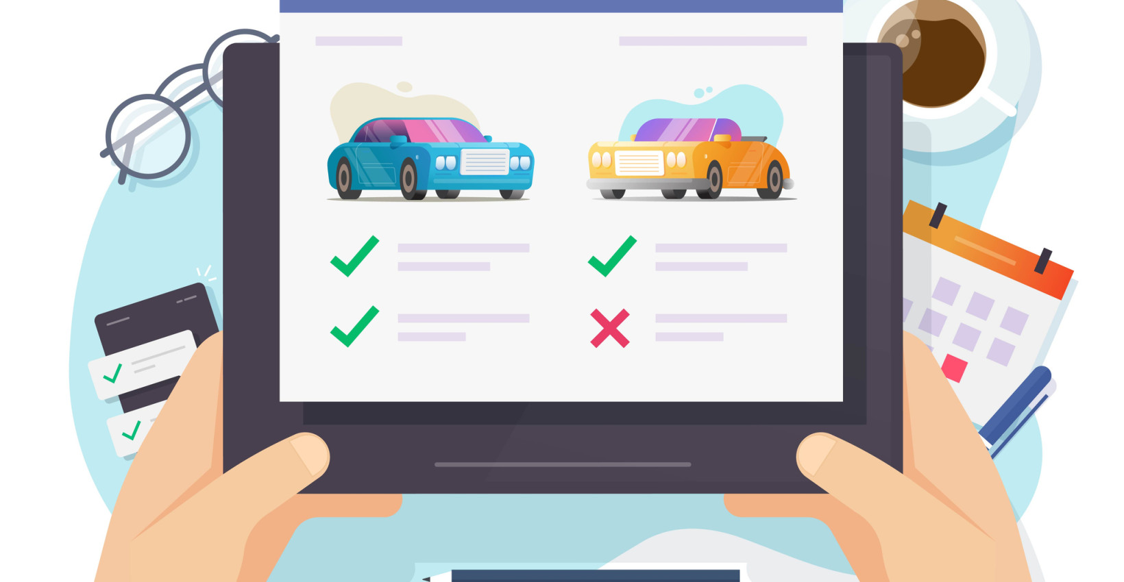 a cartoon of hands holding a tablet with a coffee mug, glasses, and calendar behind it