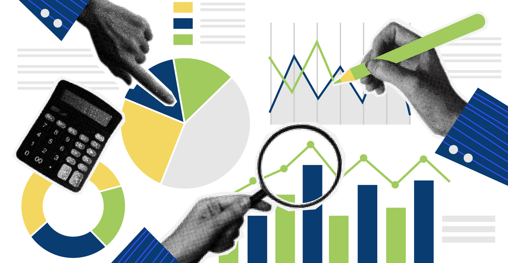 a graphic shows several hands pointing, writing, and using a magnifying glass