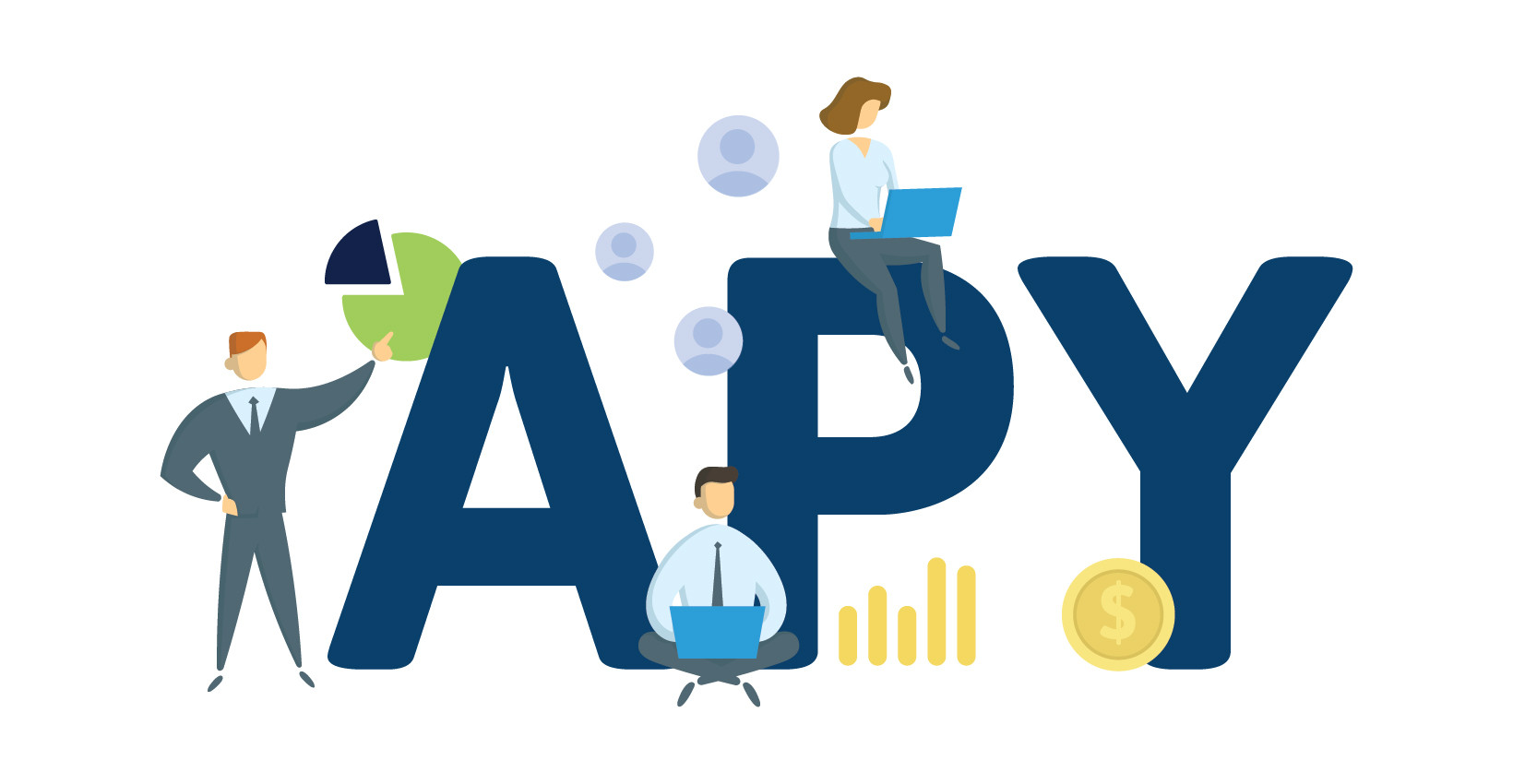 a cartoon graphic of the letters APY with people standing around it