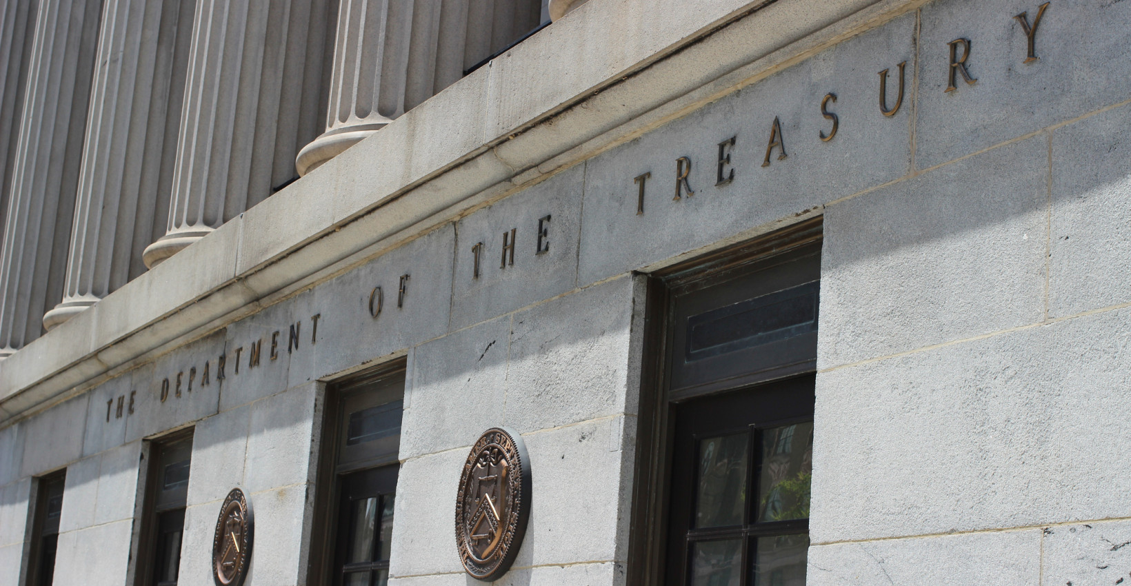 The outside of the Treasury Building in DC