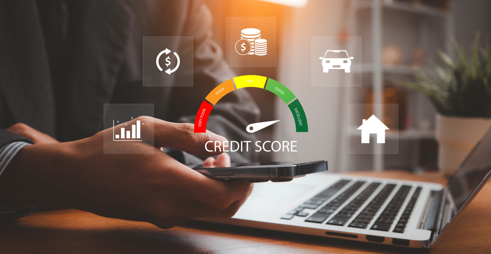 a person sits at their laptop with a credit score graphic laid over image