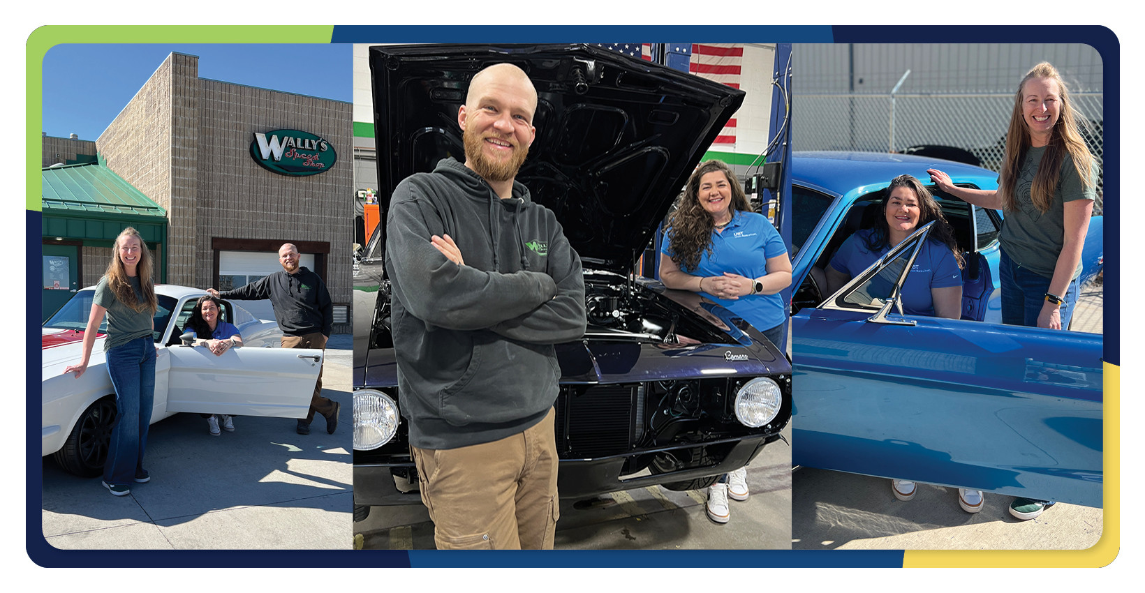 Pictures of the staff at Wally's Speed Shop posing with UBT's Remi Berg