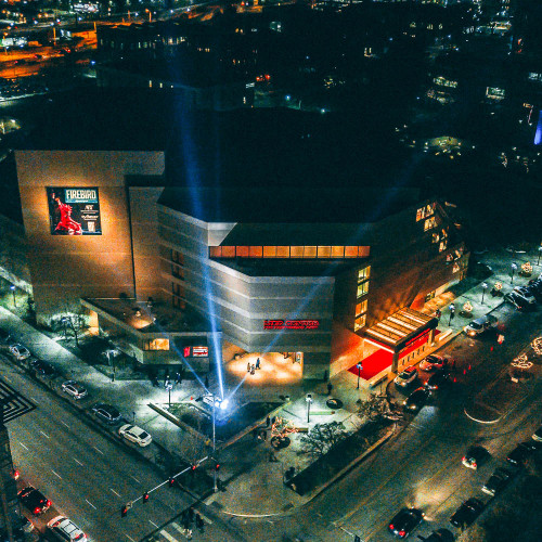 An aerial shot of the Lied Center