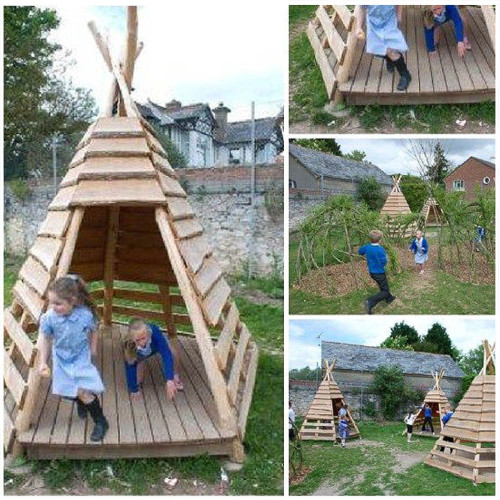A child's teepee made of wood. 