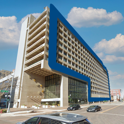 A photo of Union Bank Place with the outline of the building outlined to highlight the Nebraska shape