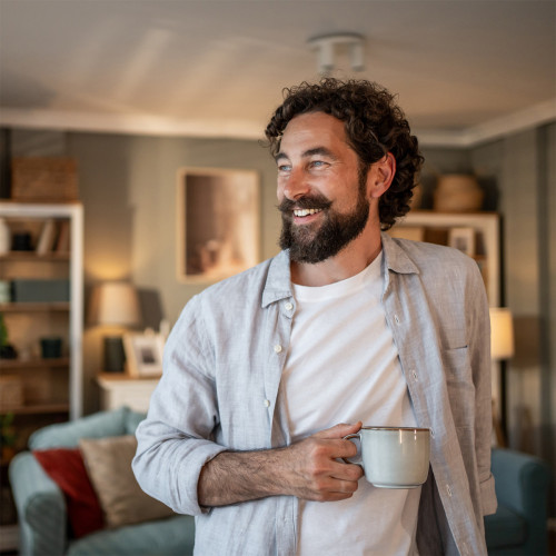 a guy with a fun mustache smiles while drinking out of a mug
