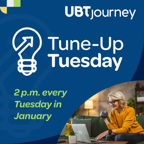tune-up tuesday graphic with a photo of a woman in a yellow sweater using a laptop