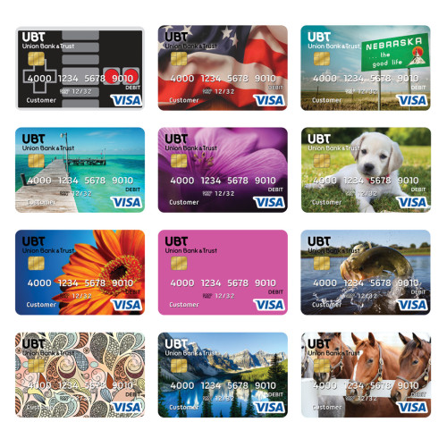 A collage of UBT debit cards