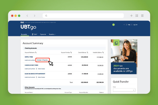 a screen shot of account summary to order checks