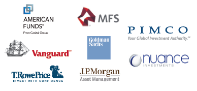 logos for american funds, mfs, vanguard, t.row pice, jp morgan, goldman sachs, pimco, nuance