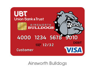 ainsworth bulldogs logo on a red background debit card