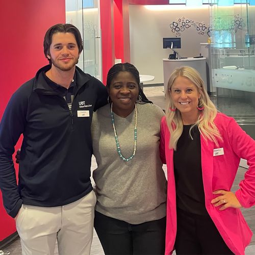 A picture of Margaret with two UBT employees at the UBT branch in the student union at UNL.