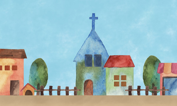A water color of a church in a small town