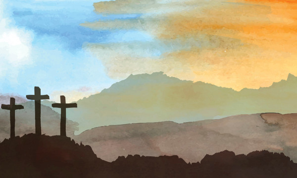 A water color of 3 crosses on a hill against a sunset