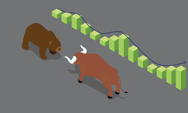 An illustrated bull and bear facing each other about to fight. 