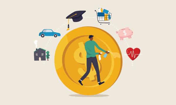 cartoon man with finance icons around him