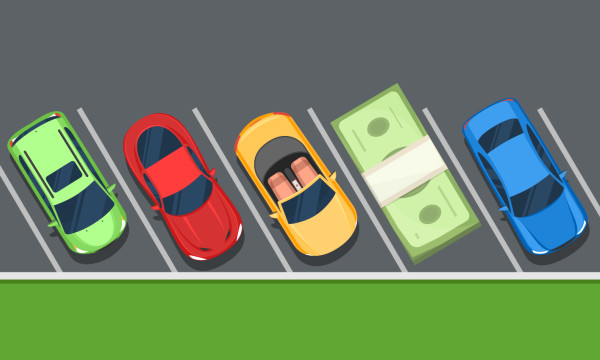 a cartoon graphic of cars parked and one looks like money