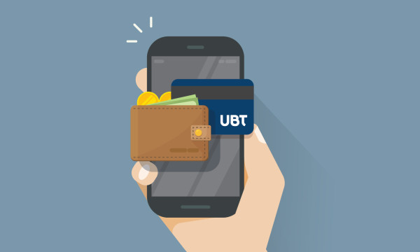 cartoon graphic of a person holding a phone that also has a wallet and the UBT logo on it