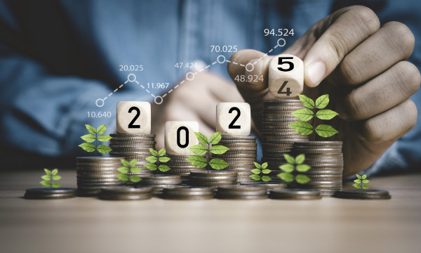 hands stack wooden blocks that say 2025 on piles of coins