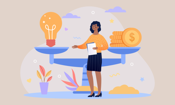 a cartoon graphic of a woman standing next to scales with a lightbulb and coins